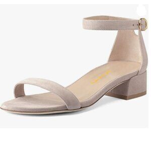 XYD Nude Suede Open Toe Ankle Strap Buckled Low Chunky Heel Dress Sandals